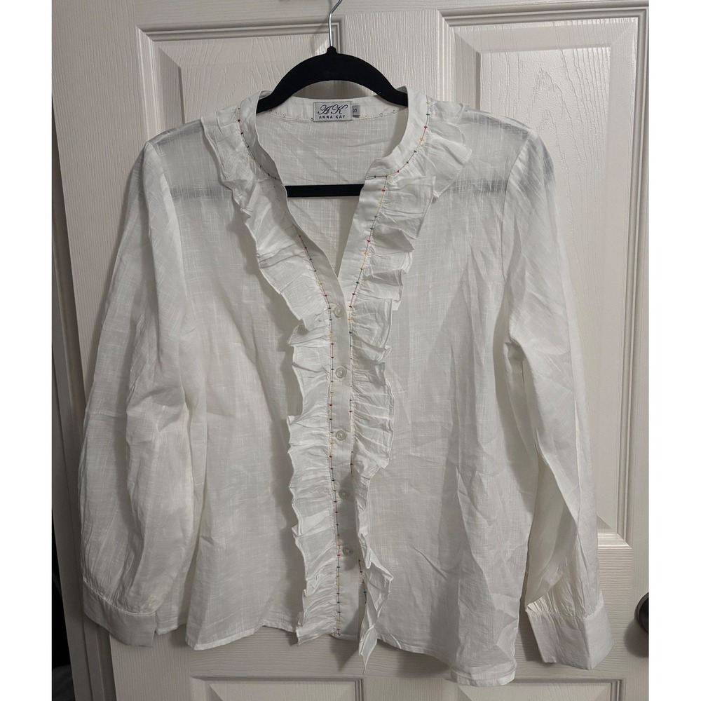 Anna Kay |‎ White Ruffle V Neck Button Front Shirt Blouse Size S